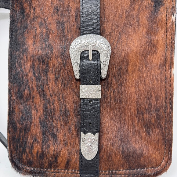 Patricia Nash Venezia CavalinoBlack Leather Brown Calf Hair Buckle Crossbody Bag - Picture 9 of 11